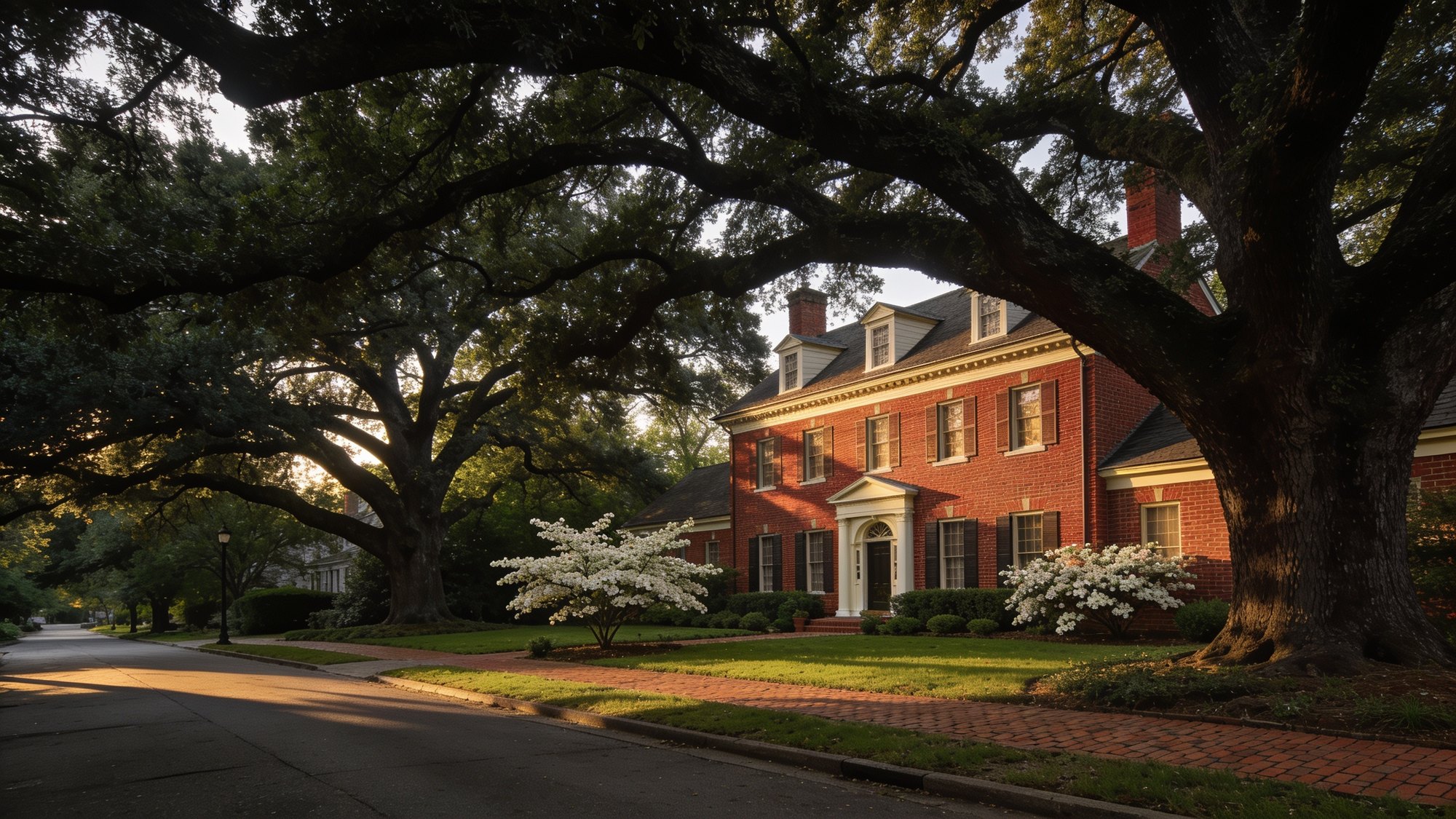 A mature oak canopy arching over an established brick home in warm afternoon light
