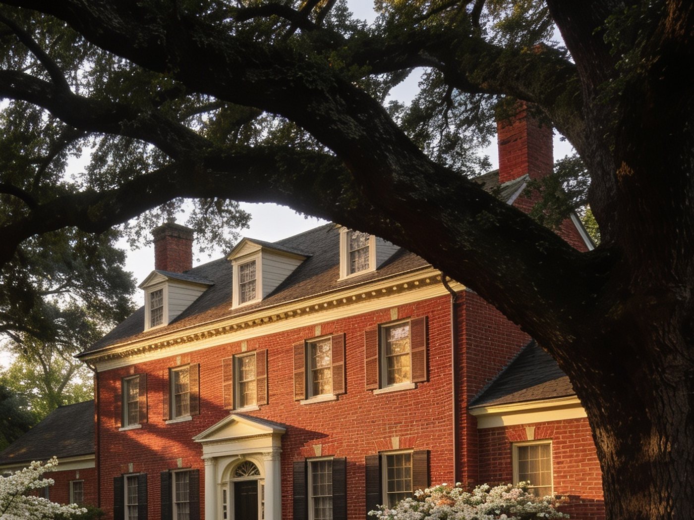 A brick colonial home framed by the branches of an old oak